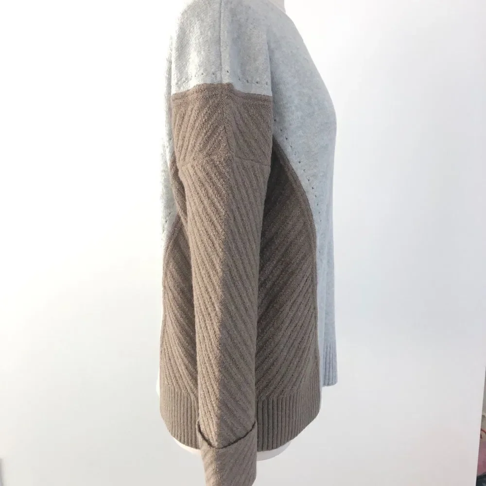 French Connection Oversized Wool Colorblock Sweater Crewneck in Ivory Grey Brown